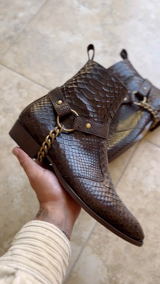 Luxe python leather harness boots