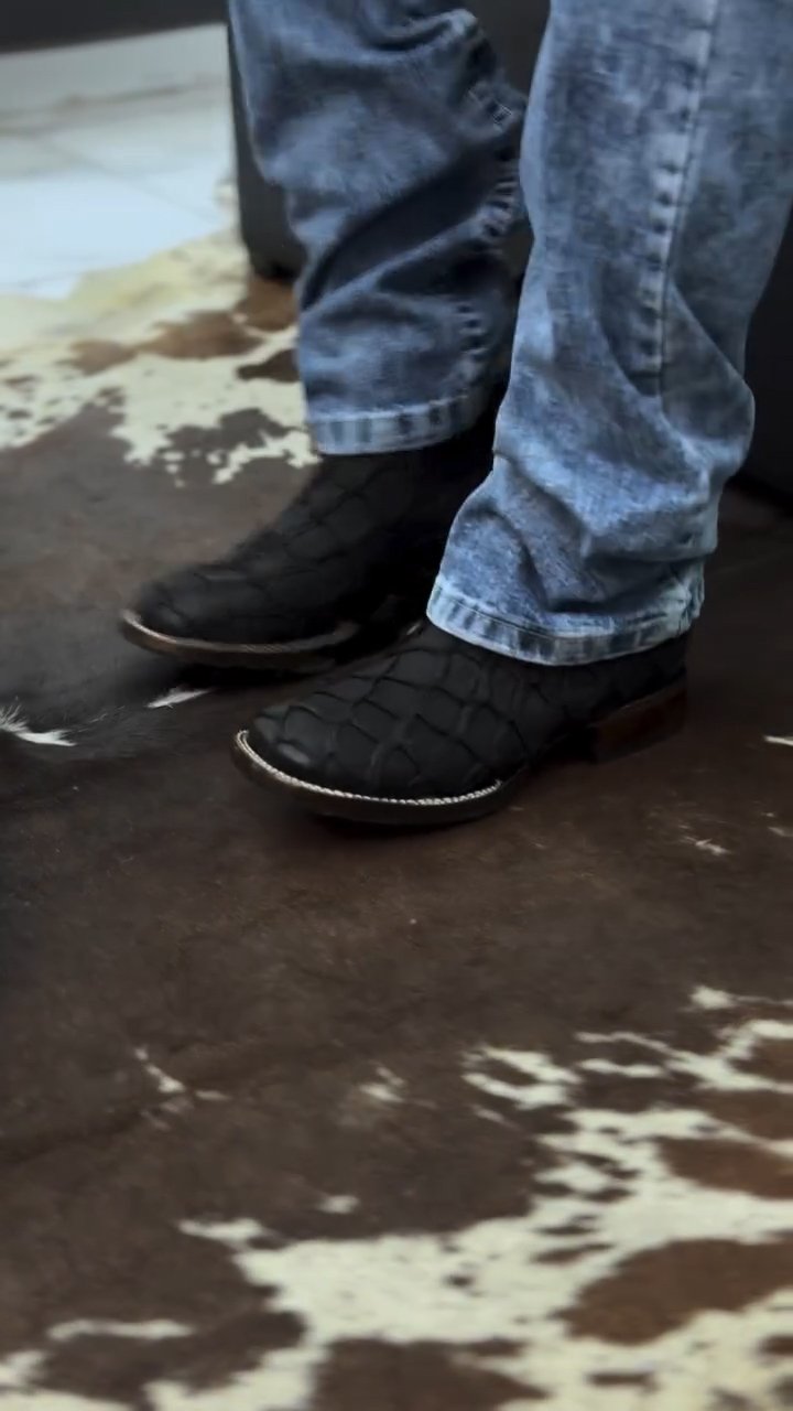 Black fish leather cowboy boots