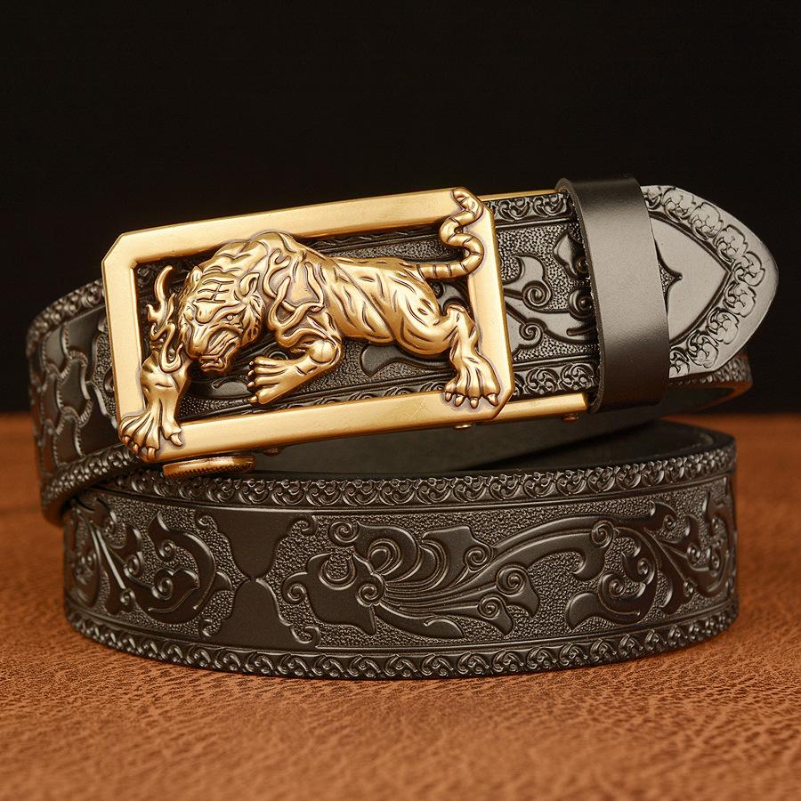 Men's cowhide vintage carved tiger belt