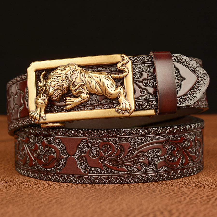 Men's cowhide vintage carved tiger belt