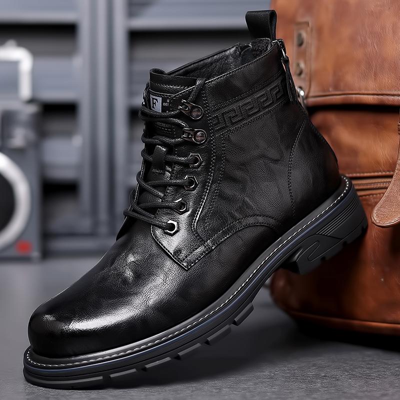 Men's versatile winter fleece leather boots