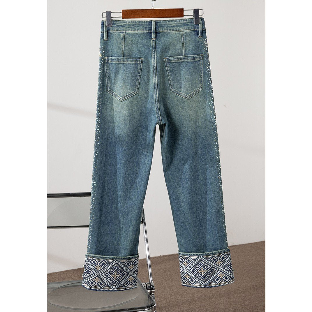 Autumn hot rhinestone stretch loose jeans