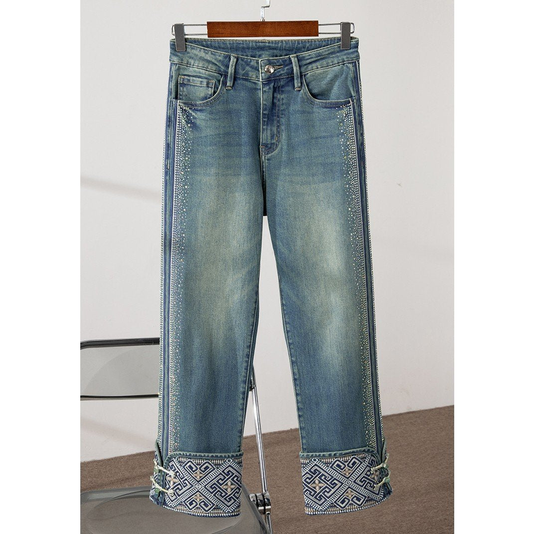 Autumn hot rhinestone stretch loose jeans
