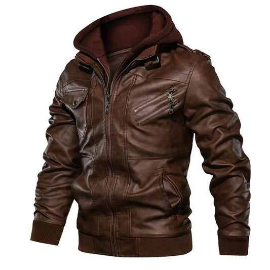 Autumn and winter new men's hooded leather jacket