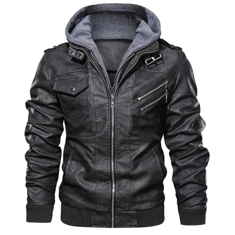 Autumn and winter new men's hooded leather jacket