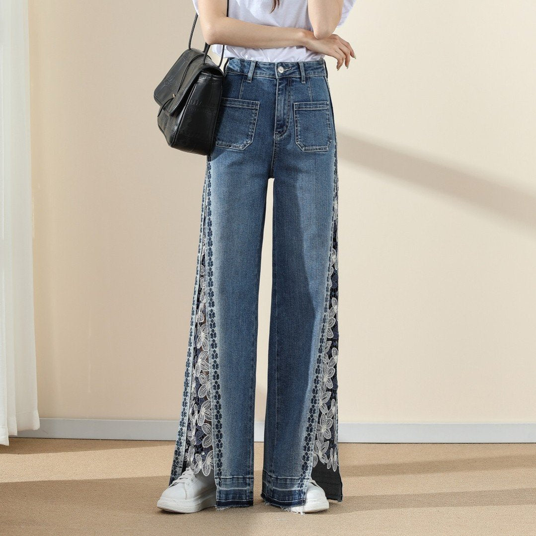Lace embroidery slit loose-fit jeans