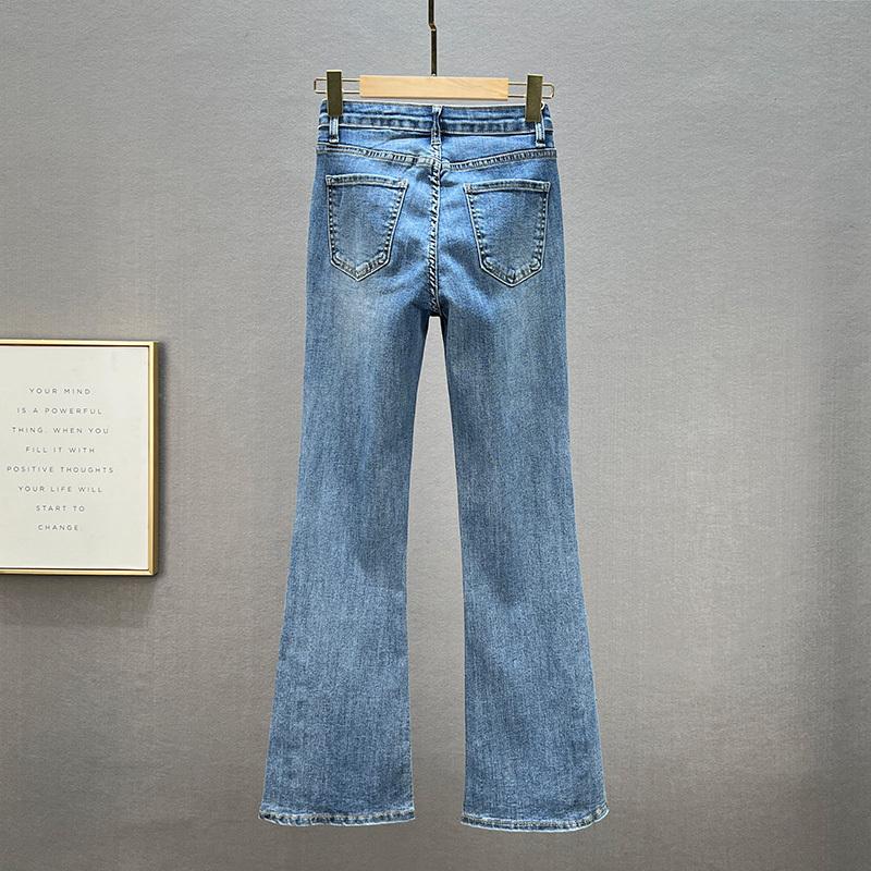 Pearl rhinestone slit stretch-denim jeans